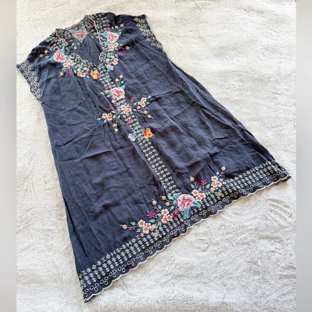 Johnny Was Blue Embroidered Floral Dress